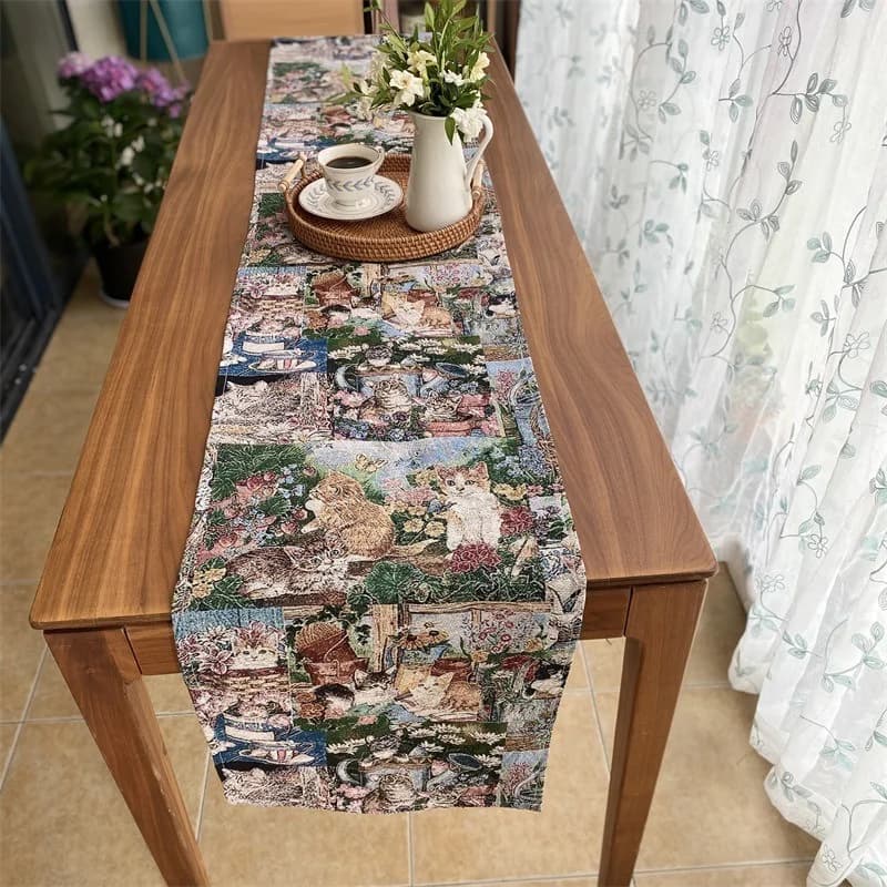Katoen Linnen Mix Tafelloper met Bloemen Kat Print voor Interieur