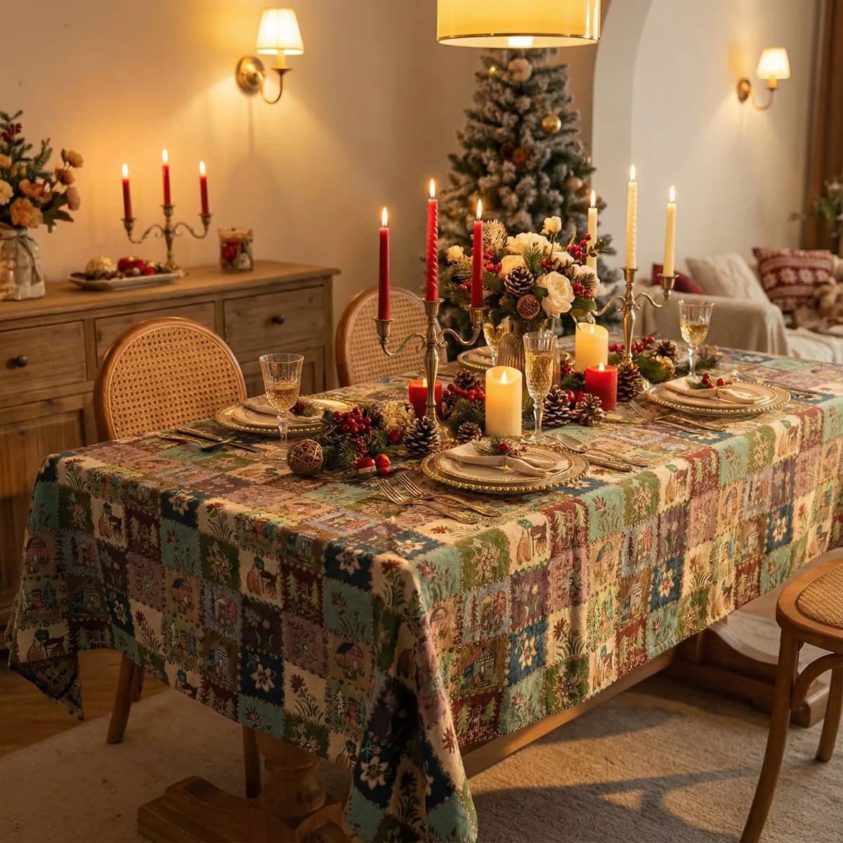 Katoenmix tafelloper en tafelkleed met bloemen jacquard patroon