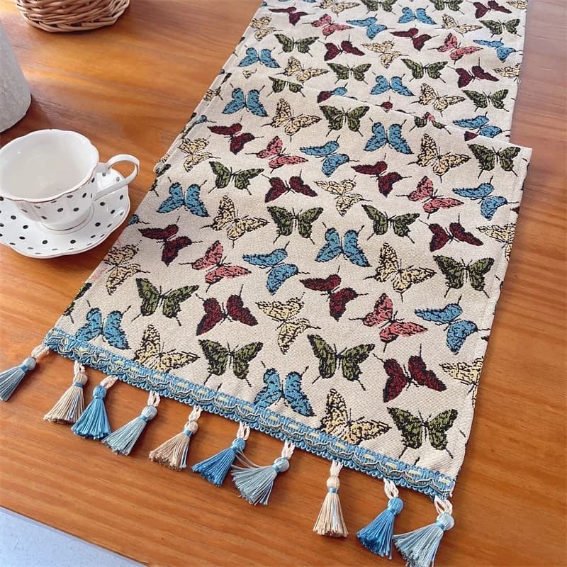 Katoenmix Tafelloper met Vlinder- en Bloemenprints