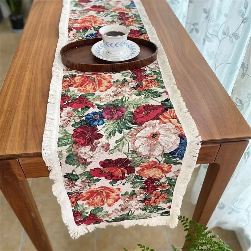 Vintage Europese Tafelloper Katoen-Linnen Mix Bloemenpatroon