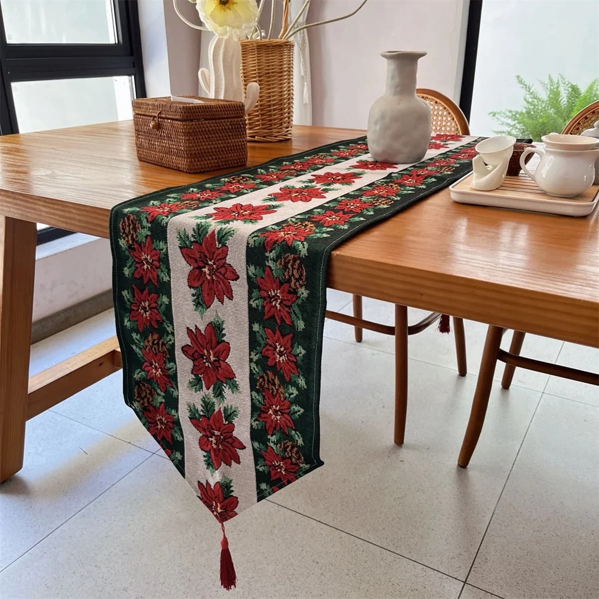 Kerst Tafelloper Rode Bloemen Holiday Decor voor Eetkamer TV-meubel