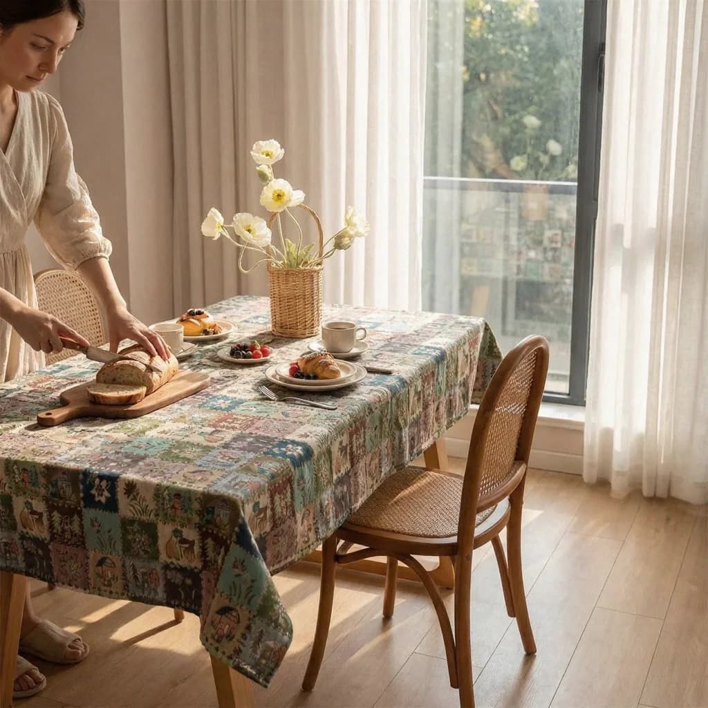 Katoenmix tafelloper en tafelkleed met bloemen jacquard patroon