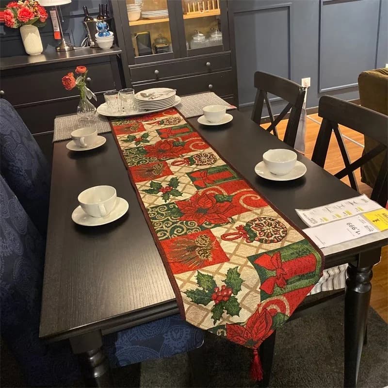 Kerst Tafelloper Katoenmix Rode Bloemen Feestelijke Decoratie