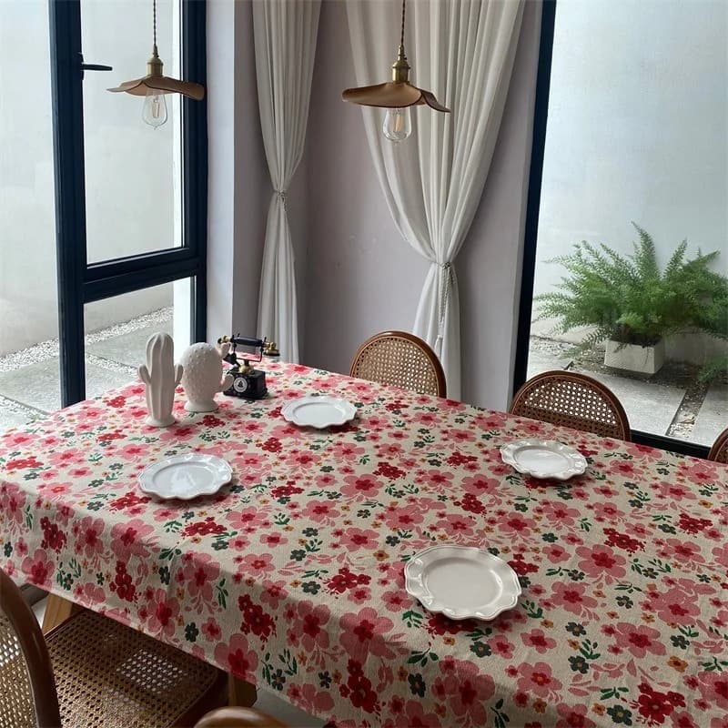 Roze bloemen jacquard tafelkleed katoenmix rechthoekige decoratieve hoes