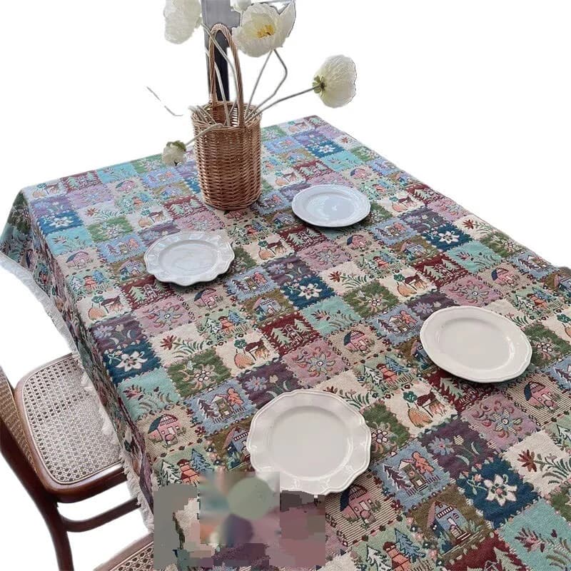 Katoenmix tafelloper en tafelkleed met bloemen jacquard patroon