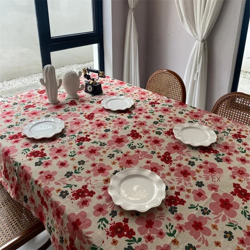 Roze bloemen jacquard tafelkleed katoenmix rechthoekige decoratieve hoes