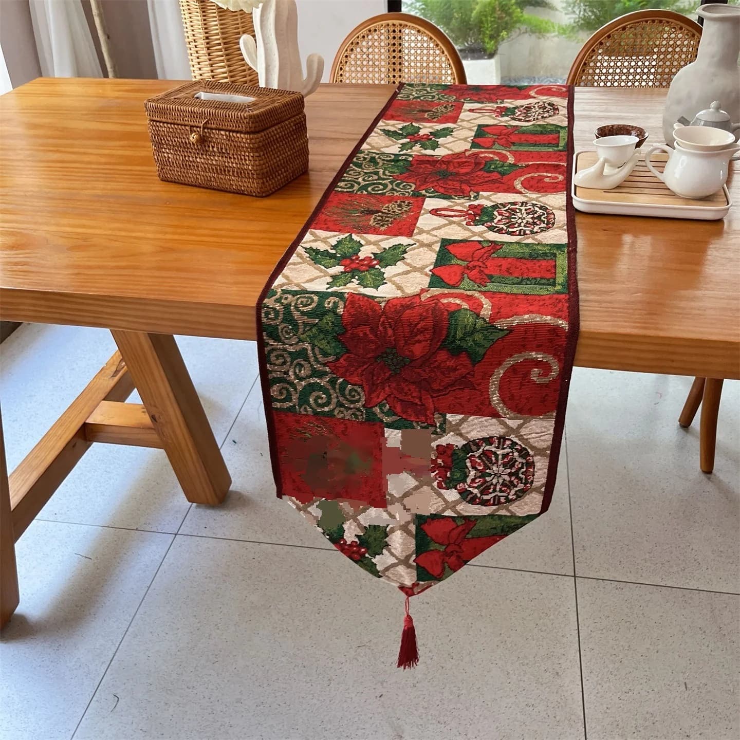 Kerst Tafelloper Rode Bloemen Holiday Decor voor Eetkamer TV-meubel
