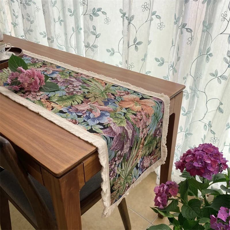 Amerikaanse landelijke bloemen katoen-linnen tafelloper met kwasten