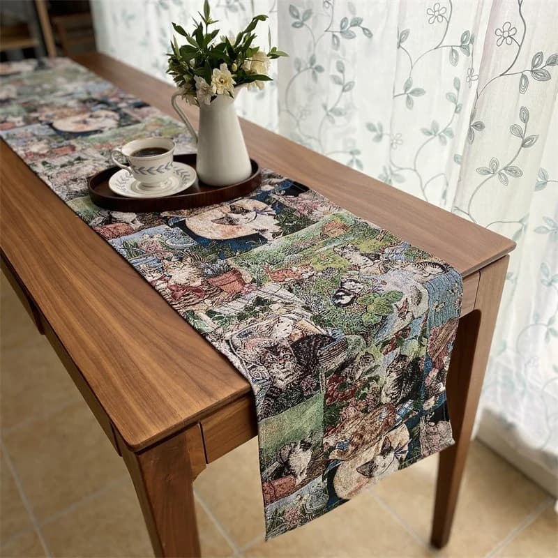 Katoen Linnen Mix Tafelloper met Bloemen Kat Print voor Interieur