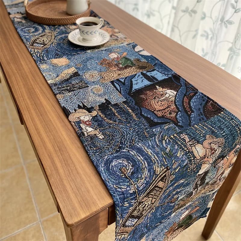 Van Gogh-stijl katoen-linnen mix tafelloper voor huisdecoratie